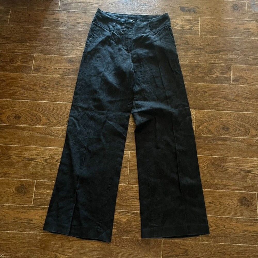 H&M 100% Linen Wide Leg Trousers Womens 6 Black Mid Rise Casual Pants